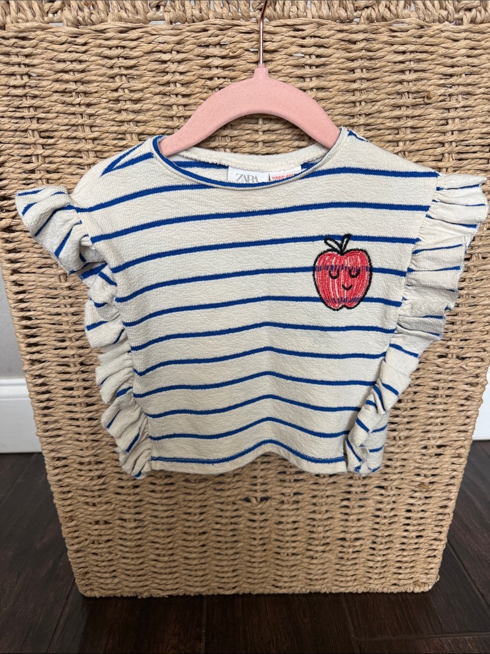 Zara Cream & Blue Striped Ruffle Sleeve Top with Red Apple Patch